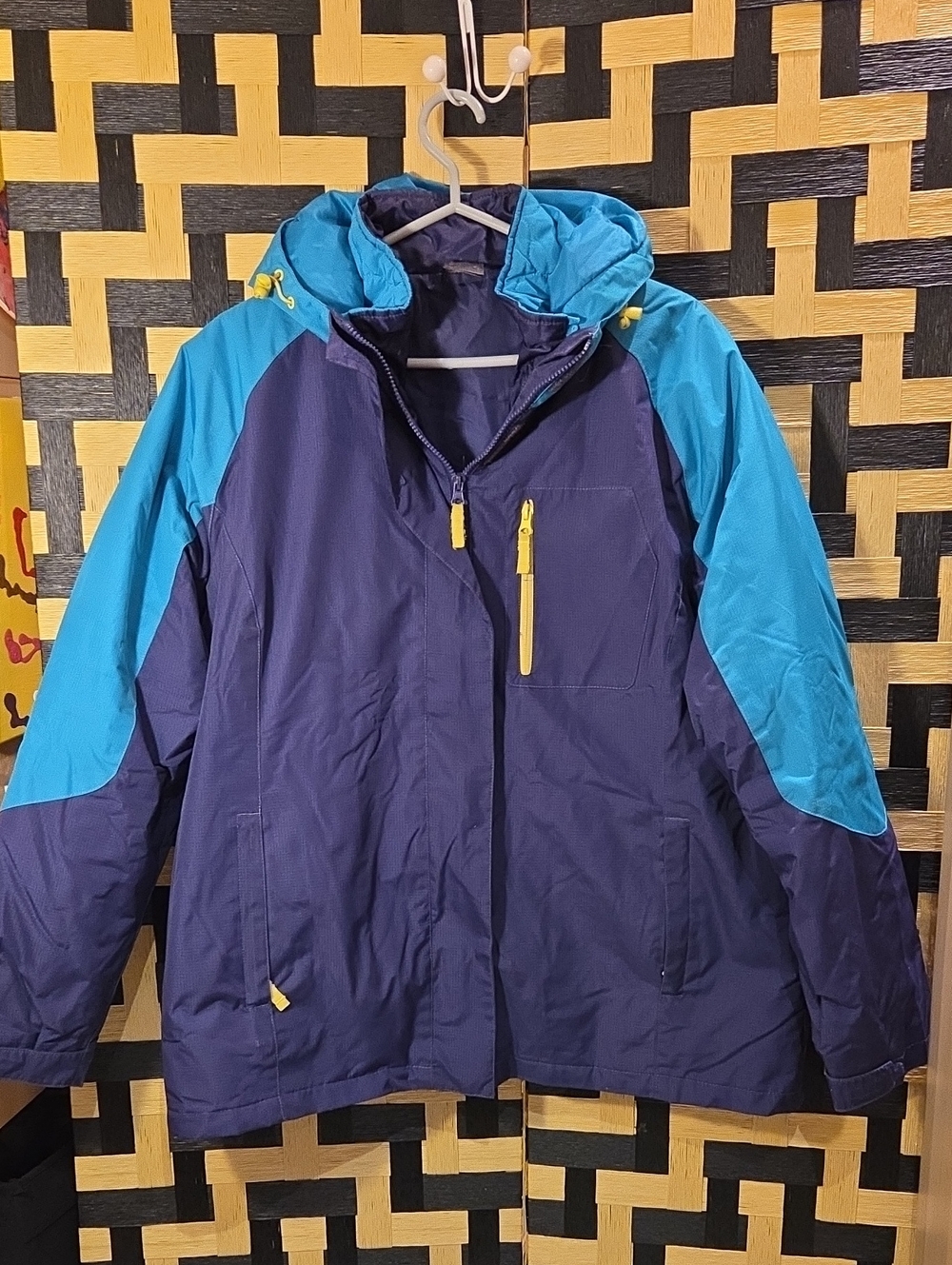 Navy and Teal Hooded Winter Jacket with Yellow Accents